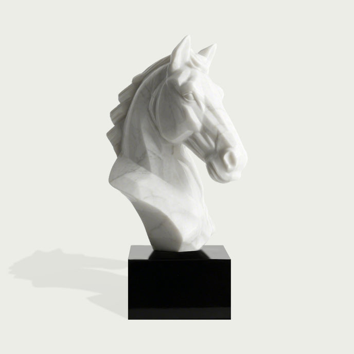 Modern Geometric Natural White Marble Horse Head Sculpture on a white background