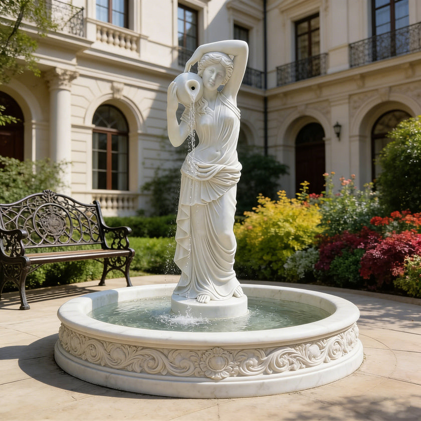 Estate-Grade Greek Goddess Sculpture Marble Fountain For Private Luxury Manorswith a classical building in the background