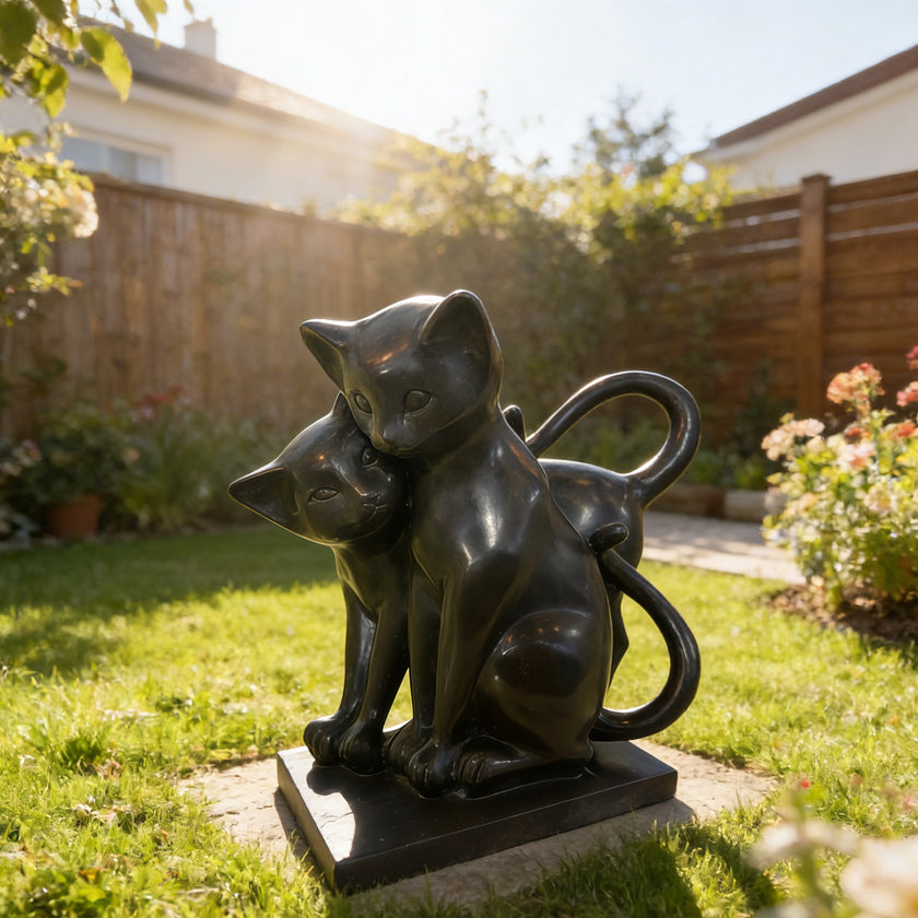 Modern Black Natural Marble Cats Statue  in a garden setting