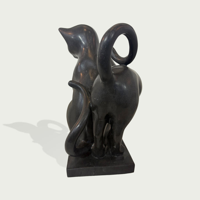 Modern Black Natural Marble Cats Statue on a white background