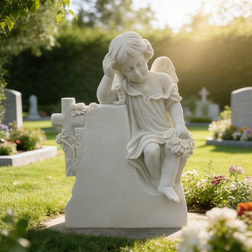 Sleeping Angel Natural White Marble Cherub Memorial Headstone on a grave in a cemetery