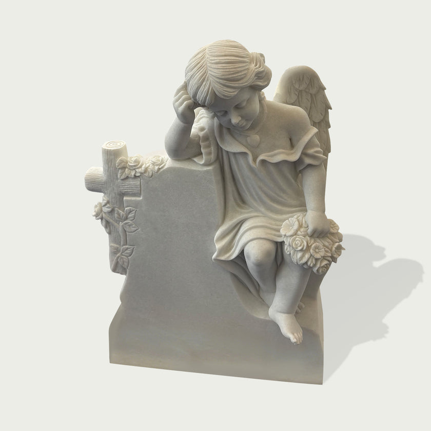 Sleeping Angel Natural White Marble Cherub Memorial Headstone on a white background