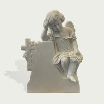 Sleeping Angel Natural White Marble Cherub Memorial Headstone on a white background