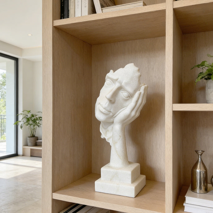 Fragmented Face Marble Sculpture on a wooden shelf in a modern room
