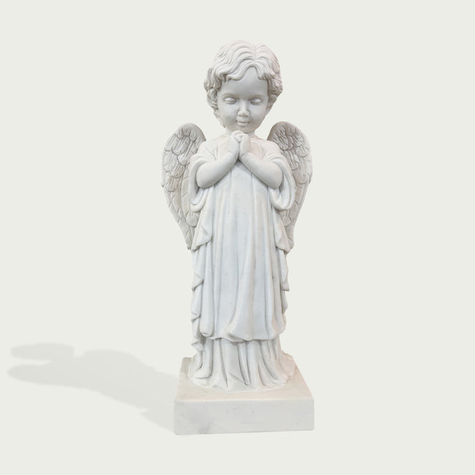 Gentle Praying Cherub Marble Sculpture on a light gray background