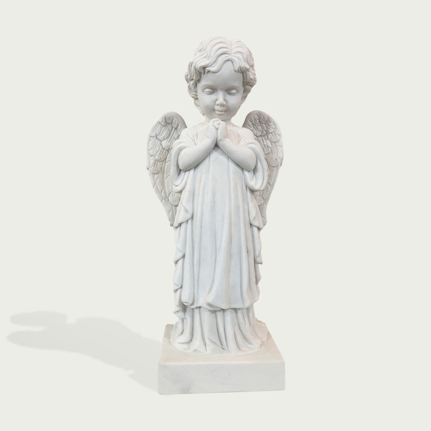 Gentle Praying Cherub Marble Sculpture on a light gray background
