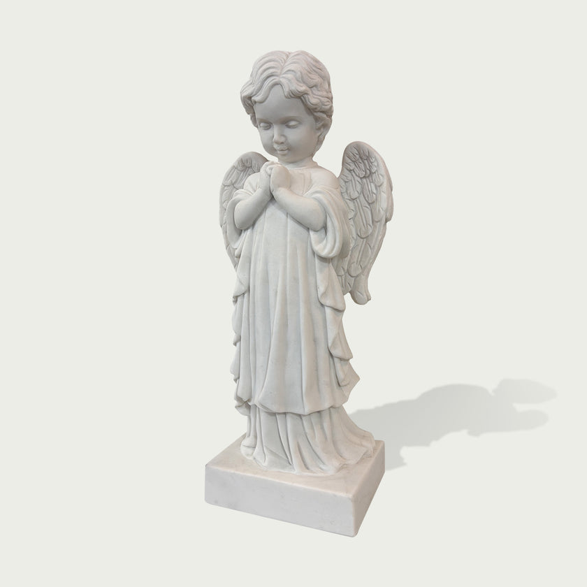 Gentle Praying Cherub Marble Sculpture on a white background