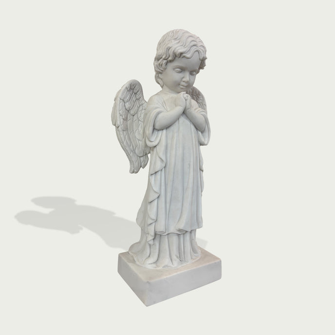 Gentle Praying Cherub Marble Sculpture on a white background