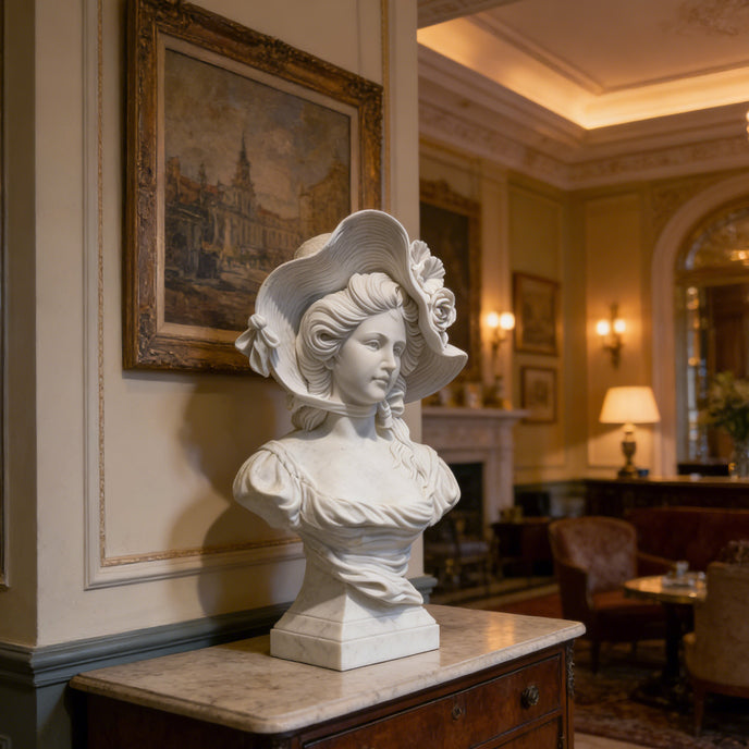Vintage Lady Marble Bust Statue in an elegant room with artwork and furniture.