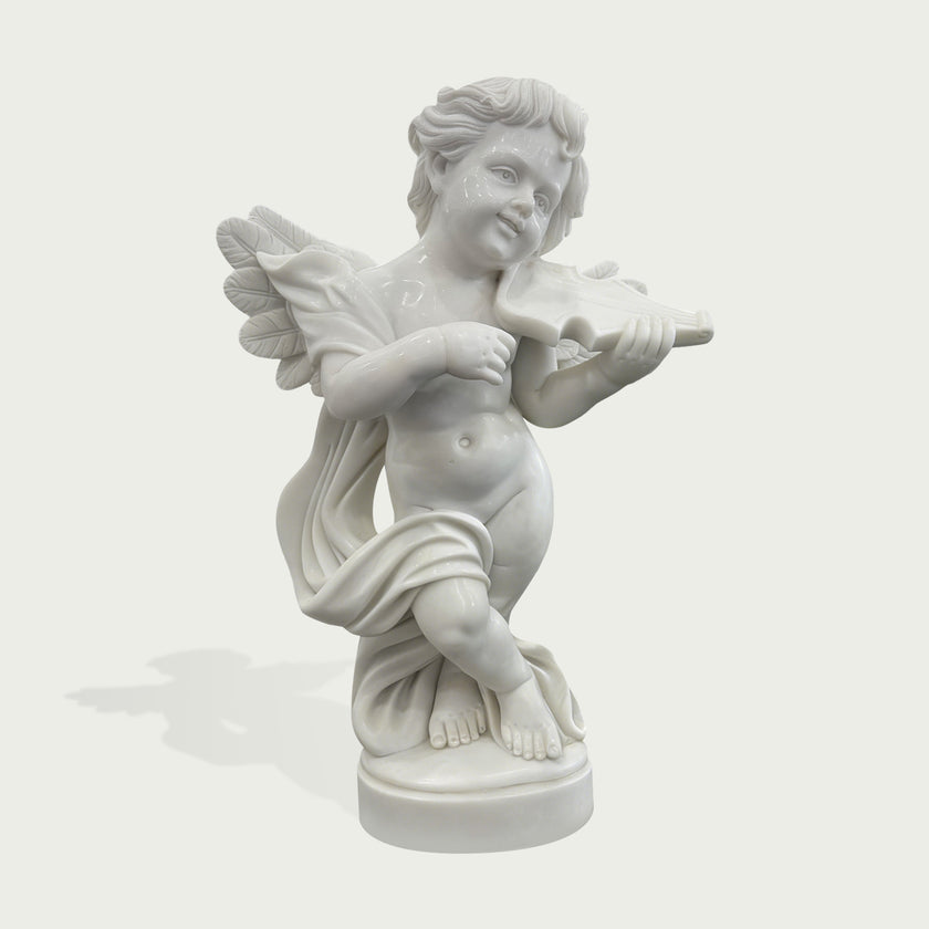 White marble cherub angel statue playing violin with detailed wings and flowing drapery for elegant indoor or garden decor.