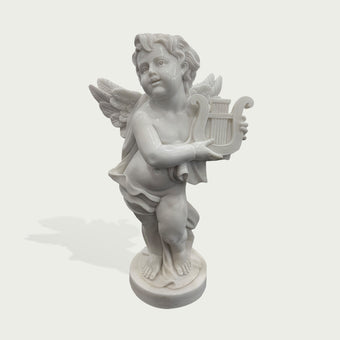 Natural white marble cherub angel sculpture with detailed wings and lyre, shown on a clean white background for product display.