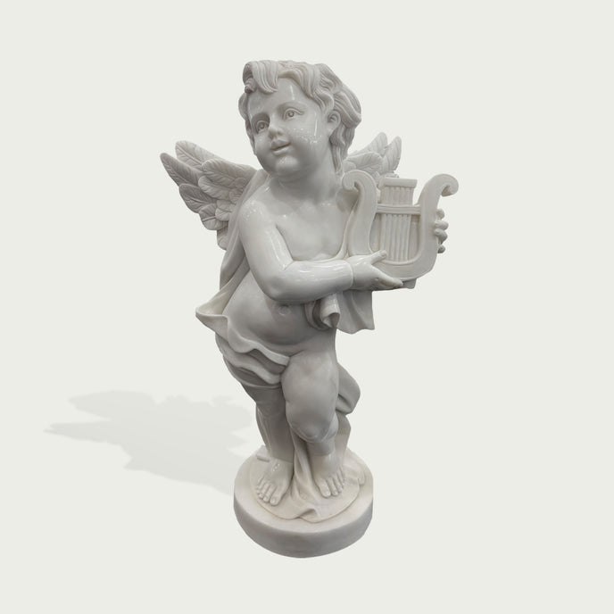 Natural white marble cherub angel sculpture with detailed wings and lyre, shown on a clean white background for product display.