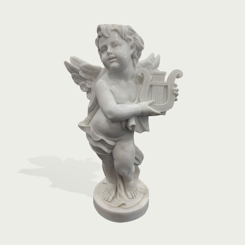 Natural white marble cherub angel sculpture with detailed wings and lyre, shown on a clean white background for product display.