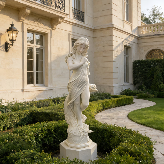 Natural white marble female statue with flowing drapery, soft pose, and classical details displayed in an elegant villa garden.