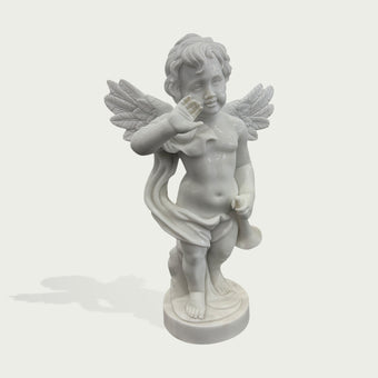 Natural white marble cherub angel statue with waving hand, feathered wings, flowing drapery, and small trumpet on a clean background.