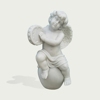 Natural white marble cherub tambourine statue with feathered wings, seated pose, soft drapery, and sweet carved facial details.