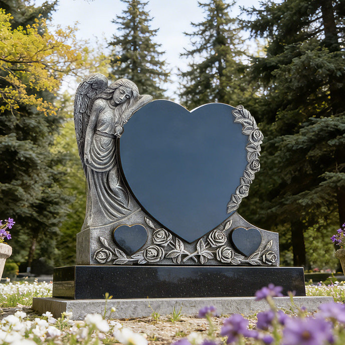 Angel heart memorial headstone displayed in a cemetery garden, featuring rose carvings, black granite base, and a peaceful tribute design for loved ones.