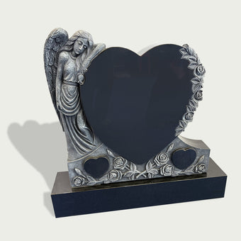 Heart-shaped angel memorial headstone with rose details, black granite center panel, and silver guardian angel design for cemetery and remembrance spaces.