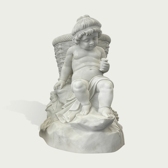 Natural white marble child statue seated with a woven basket, small cup, draped cloth, and fruit details on a clean background.