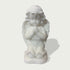 Close view of natural white marble praying angel figure with gentle face, folded hands, soft curls, and layered feather wings.