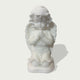 Close view of natural white marble praying angel figure with gentle face, folded hands, soft curls, and layered feather wings.