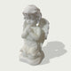 Natural white marble praying cherub angel statue with folded hands, closed eyes, feathered wings, and smooth drapery on a clean background.