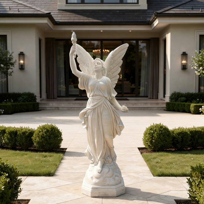 Natural white marble angel statue holding a raised torch and rose, displayed in a luxury villa courtyard with wings and flowing drapery.