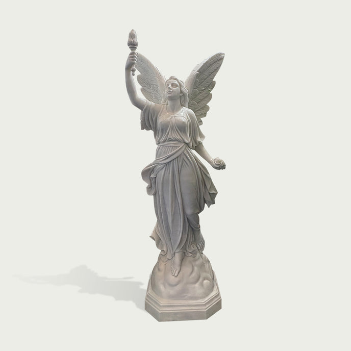 Natural white marble angel sculpture with raised torch, rose detail, large feathered wings, and classical flowing robe on a clean background.