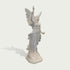 Side view of white marble angel statue with torch, rose, open wings, and wind-swept drapery carved in a classical style.