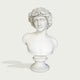 Natural white marble male bust sculpture with floral crown, classical face, smooth shoulders, and pedestal display on a clean background.