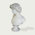 Side view of white marble male bust statue with laurel-style floral crown, soft carved hair, and classical profile on a clean background.