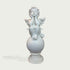 A white marble-style cherub statue with wings, seated on a round pedestal base against a light gray background.