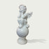 A white classical-style cherub statue seated on a round pedestal, photographed against a plain light gray background with a soft shadow.