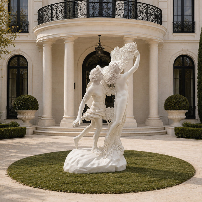 Natural white marble Apollo and Daphne sculpture showing intertwined figures, flowing drapery, and laurel branches during the dramatic transformation scene.