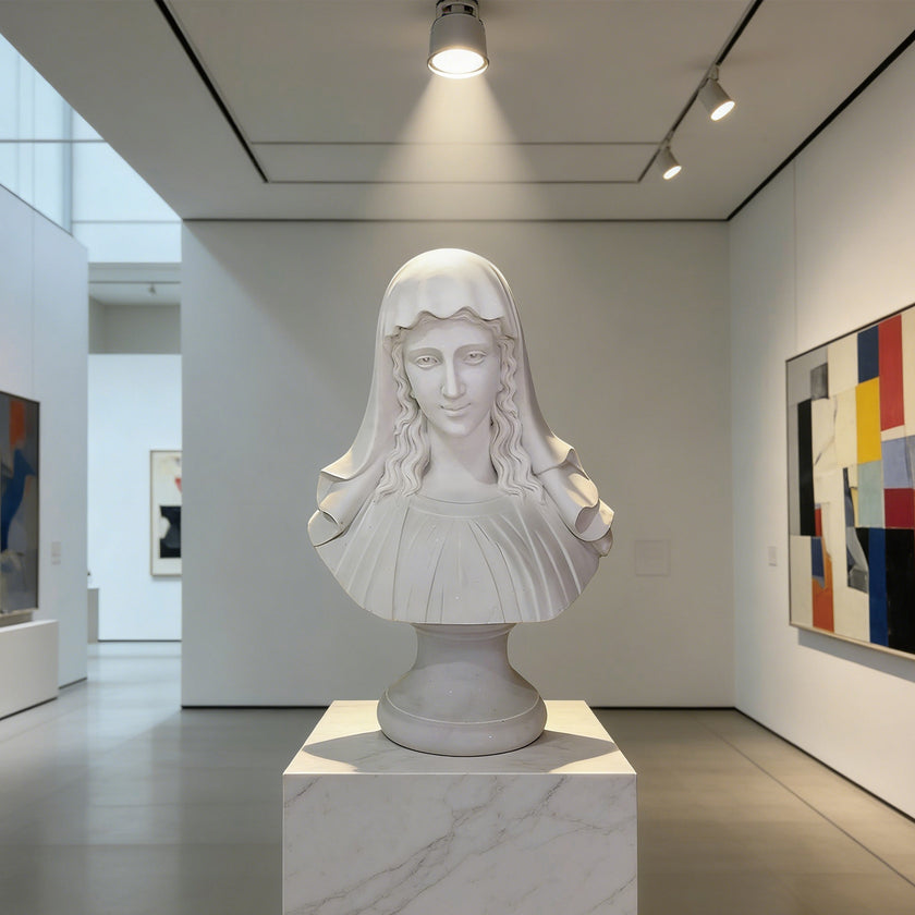 A white classical-style bust sculpture of a woman with draped hair, displayed on a white marble pedestal inside a modern gallery with white walls and abstract wall art.
