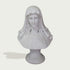 A white classical-style bust sculpture of a woman with long wavy hair and a draped veil, mounted on a round pedestal against a light gray background.