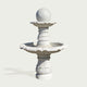 White marble two tier fountain with decorative carved pedestal and round sphere top, elegant classical outdoor water fountain sculpture