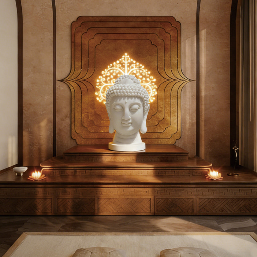 INFINITY Classic White Marble Buddha Face Sculpture with Spiral Hair Calming Bust for Spiritual Home Decor IM-074
