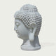 A white Buddha head bust sculpture shown in profile against a light gray background.