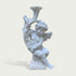 A white marble-style cherub statue seated on a pedestal, holding a large trumpet or horn-like vessel overhead, shown against a plain light beige background.