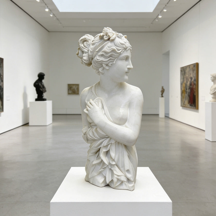 Elegant white marble female bust displayed in a modern art gallery, classical sculpture with floral hair detail and refined stone carving