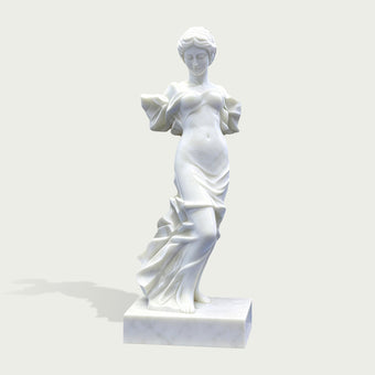 Classical white marble woman statue with graceful pose and flowing dress, detailed stone sculpture on a clean background