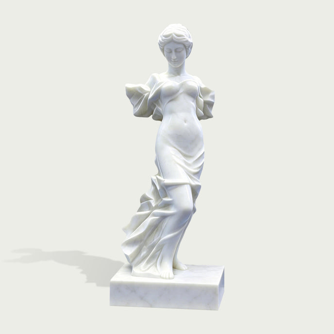 Classical white marble woman statue with graceful pose and flowing dress, detailed stone sculpture on a clean background