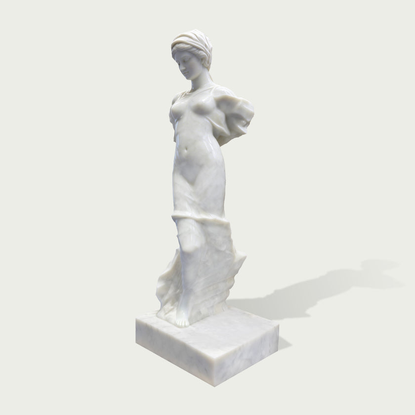 Back view of white marble female statue showing detailed flowing robes and sculptural craftsmanship
