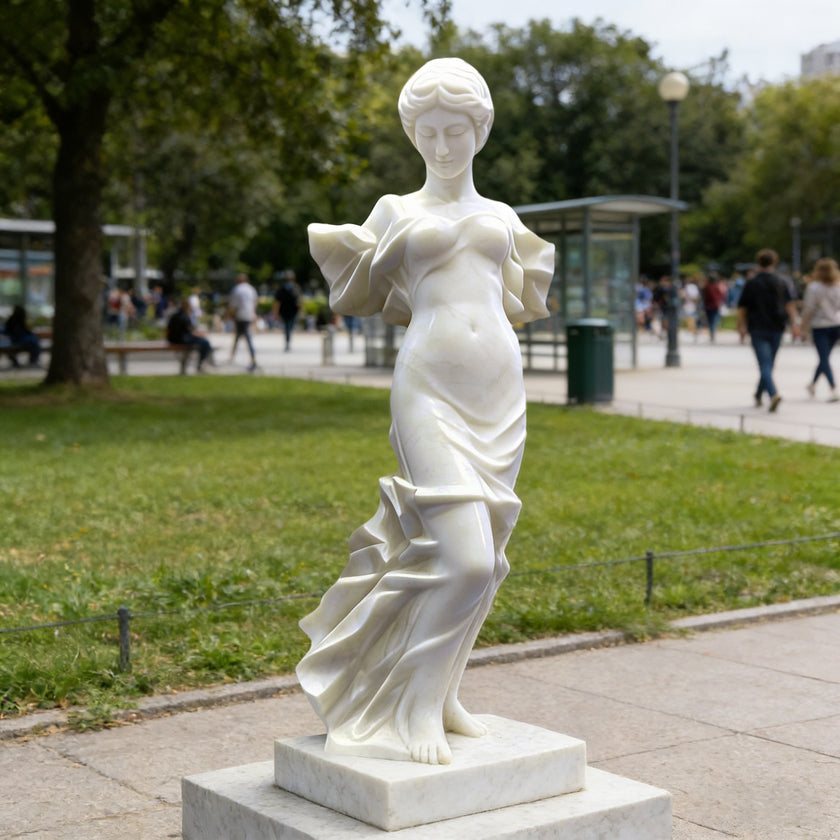White marble female garden statue displayed outdoors with classical design and flowing draped sculpture details