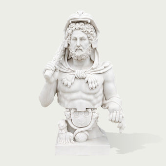 Front view of handcrafted white marble Roman emperor bust sculpture with intricate facial details and classical artistic style.