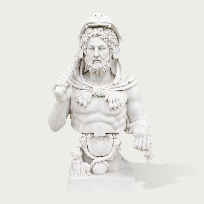Front view of handcrafted white marble Roman emperor bust sculpture with intricate facial details and classical artistic style.