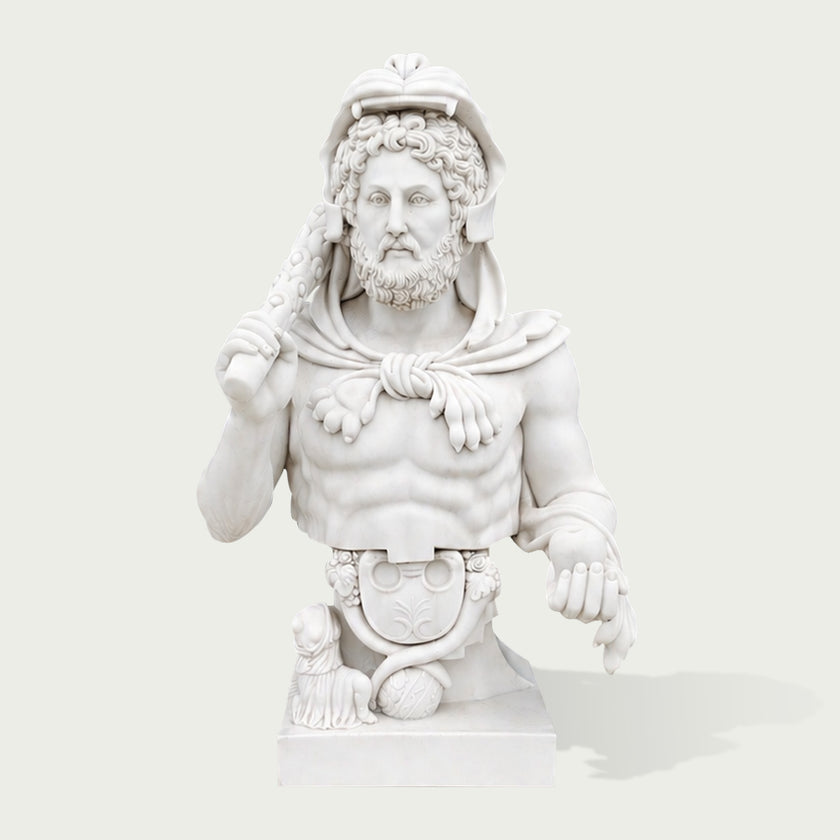 Front view of handcrafted white marble Roman emperor bust sculpture with intricate facial details and classical artistic style.