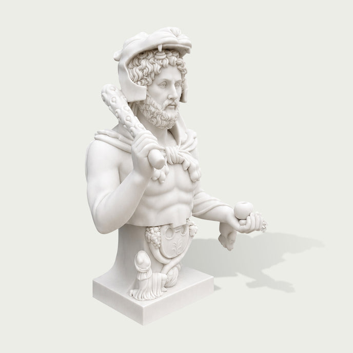 White marble Roman warrior bust sculpture with detailed helmet, beard, armor, and classical carved design.