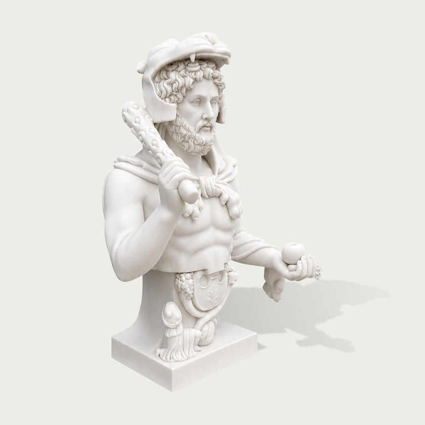 White marble Roman warrior bust sculpture with detailed helmet, beard, armor, and classical carved design.